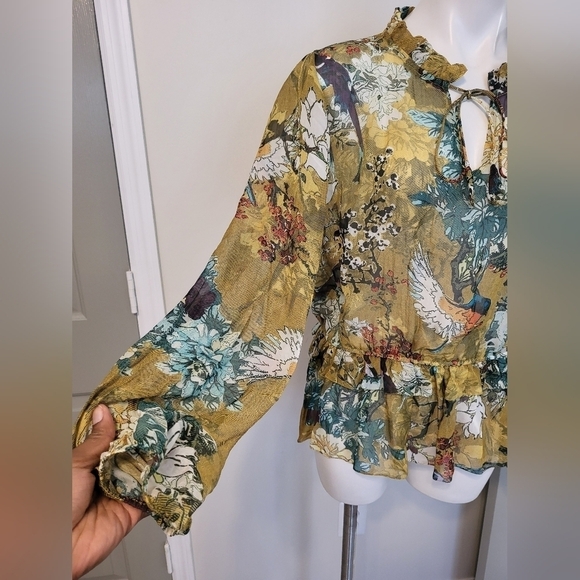 Hemant & Nandita Keystone Silk Blouse Sheer Floral Print Feminine Peplum(L) - Picture 10 of 14